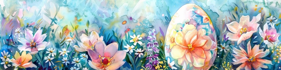 Artistic watercolor, close-up of a decorated Easter egg, surrounded by spring blooms, large area for copy on the right side. Card, frame. Banner.