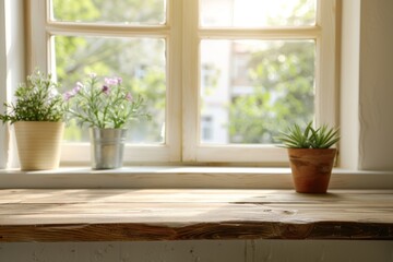 Blurred background with wood table top in window interior room