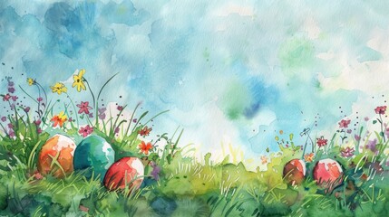 Obraz na płótnie Canvas Artistic watercolor, Easter egg hunt scene with hidden eggs among grass and flowers, wide-open space in the sky for copy, dynamic composition. Card, frame. Banner.