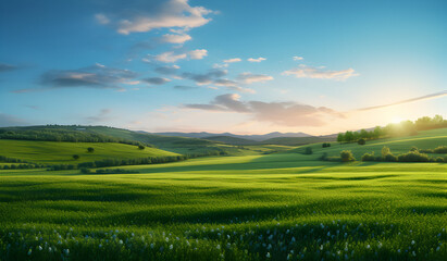 Green field, blue sky, white clouds, beautiful landscape, beautiful green valley, spring grass,