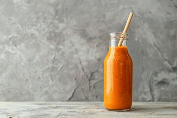 Carrot smoothie in glass bottle with bamboo straw light grey backdrop