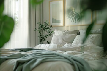 Blurry bedroom with white bed simple poster cushions grey blanket and green leaves