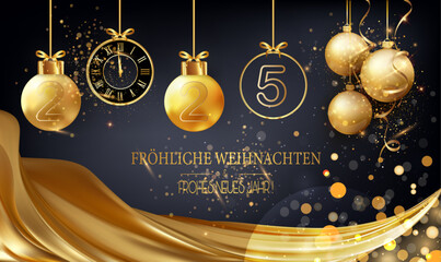 Karte oder Stirnband, um ein frohes Weihnachtsfest und einen guten Rutsch ins neue Jahr 2025 in Gold und Schwarz zu wünschen, bestehend aus Weihnachtskugeln und einer Uhr unter einem goldenen Vorhang 