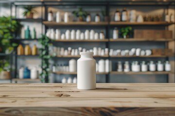Blurry pharmacy shelves background with white medicine bottle on wooden counter