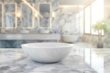 Blurred luxury modern bathroom interior with white marble counter Ideal for showcasing product designs