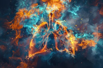 A colorful, abstract image of a lung with orange and blue flames surrounding it