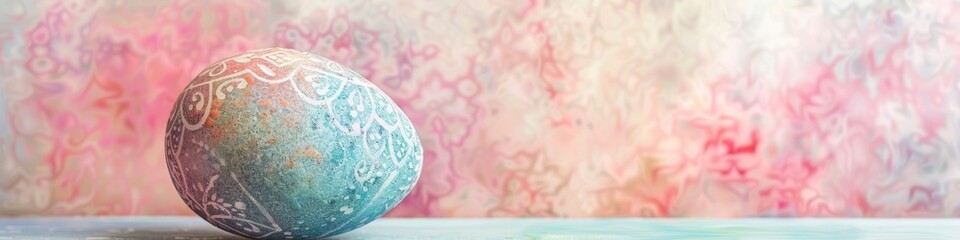 Watercolor art, close-up of a single Easter egg with intricate patterns, muted pastel background, ample space for copy on the left side. Card. Banner.