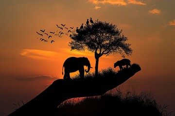 A hand holding a tree with two elephants and birds in the background