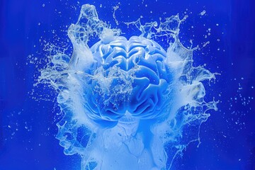 A brain is shown in a blue splash of water