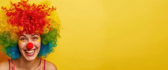 A woman with a clown wig and a red nose is smiling