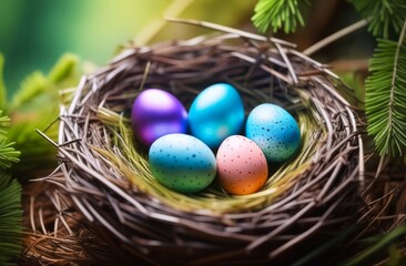five colorful eggs in bird's nest amidst green fir branches. concepts: life cycle, new beginning, Easter celebration, Easter in forest, spring-themed imagery, Easter eggs in nest, Easter background