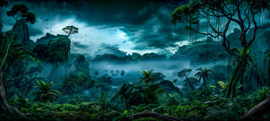 panorama view of tropical rainforest at night. Panoramic landscape of green jungle, Tropical rain forest jungle