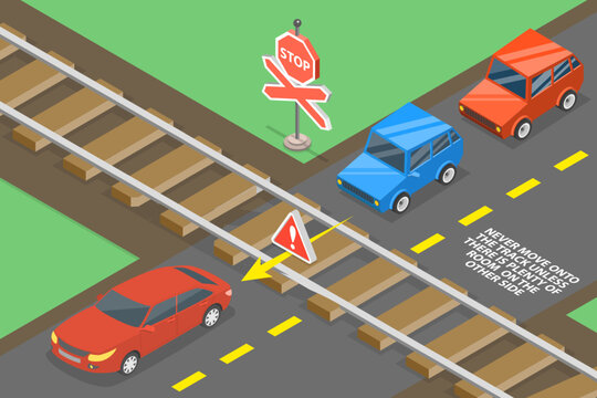 3D Isometric Flat Vector Illustration of Railway Crossing, Road Safety Rules