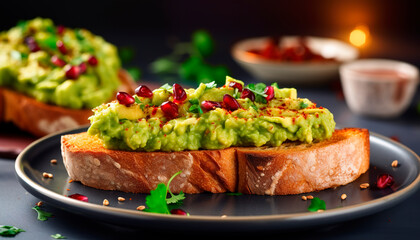 avocado toast healhty food breakfast vegetarian with pomegranate on a wooden desk menu suicime restaurant