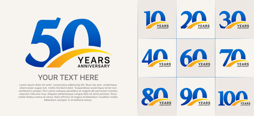Set of Anniversary Logotype with yellow swoosh, blue color can be use for special day celebration