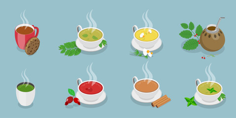 3D Isometric Flat Vector Set of Tea Types, Beverages With Herbal Ingredients