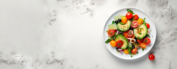 Top view fresh vegetables salad banner, fspace for text, grey stone background avocado, tomato, lettuce, pepper, dill, spices