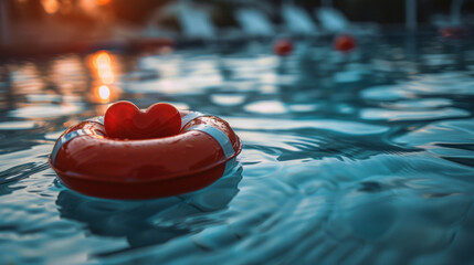 Closeup of Red Lifeguard Ring with Heart floating in a swimming pool at sunset representing the lifesaving love protection, emotional safety and unconditional love concept background with copy space