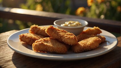 Plate of Nuggets accompanied by mayonnaise in a restaurant, delicious, fast food