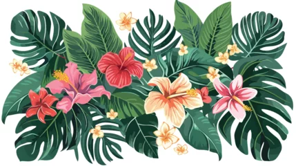  Tropical leaves and flowers over white background. c © zoni