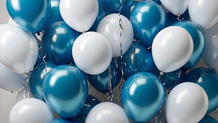 Blue and white prom party balloons with white background, 3d