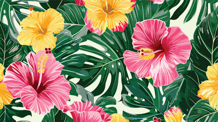 Tropical painted hibiscus flowers pattern in pink gr - obrazy, fototapety, plakaty
