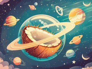 A cartoon coconut navigating the universe in a bubble its minimalist path dotted with friendly planets and stars