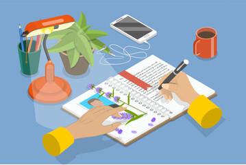 3D Isometric Flat Vector Illustration of Writing a Dairy, Self Expression in Text Note