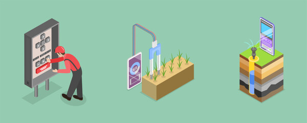 3D Isometric Flat Vector Illustration of Irrigation System Components, Soil Moisture Control