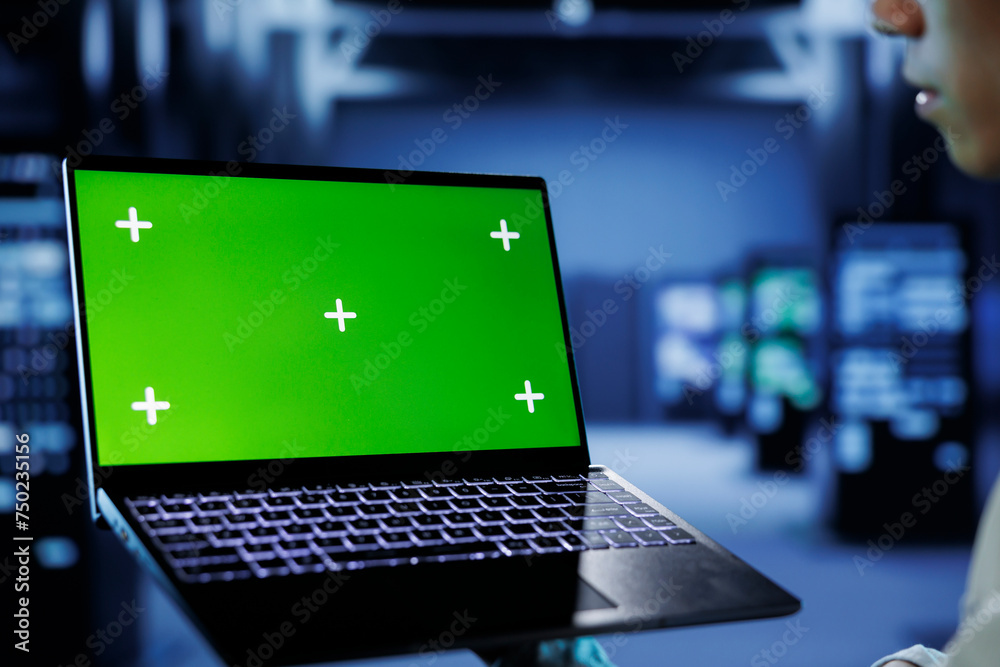 Poster it consultant with chroma key laptop between server hub clusters providing processing resources for 