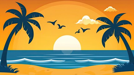 Fototapeta na wymiar A mesmerizing orange-hued sunset casting a warm glow over a serene tropical palm beach