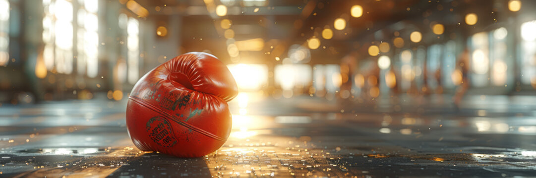 A red boxing glove lies on a wet concrete floor in an abandoned building. Harsh sunlight streams in through the windows - Powered by Adobe