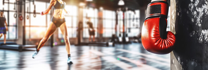 A girl in sportswear doing kickboxing in a gym. She is kicking a punching bag. The girl is wearing red boxing gloves. There are many people in the gym who are doing sports.