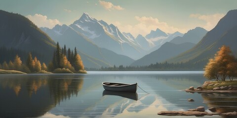 Peaceful lake vista with single boat against mountain backdrop. - obrazy, fototapety, plakaty