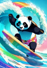 Panda in short surfing a wave