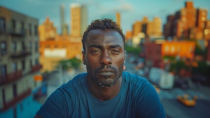 Thoughtful but Determined African American Man Against City Backdrop at Golden Hour