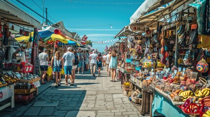 Visitors wander among colorful stalls under a blue sky in an outdoor market, exploring a variety of local goods and souvenirs. Resplendent. - obrazy, fototapety, plakaty