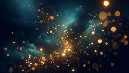 Floating gold sparkles on a deep navy blue sky background reminiscent of a starry night. - obrazy, fototapety, plakaty