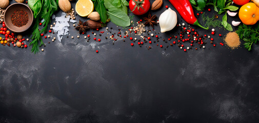 red hot chili pepper, spices, basil leaves, lettuce, parsley, dell flat lay on dark background banner copy space vegetables ingredients coocing vegetarian farming fresh healthy meal - obrazy, fototapety, plakaty
