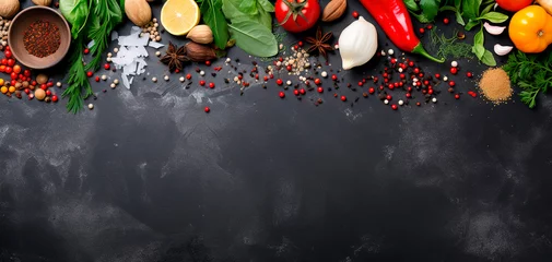 Foto op Plexiglas red hot chili pepper, spices, basil leaves, lettuce, parsley, dell flat lay on dark background banner copy space vegetables ingredients coocing vegetarian farming fresh healthy meal © lidianureeva