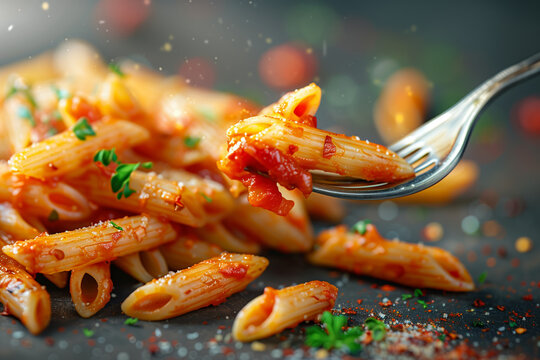 Penne pasta with tomato sauce on a fork. Pasta, penne and fork. Closeup photo of pasta on a fork