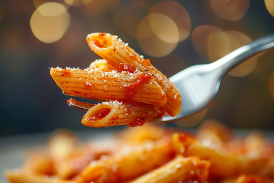 Penne pasta with tomato sauce on a fork. Pasta, penne and fork. Closeup photo of pasta on a fork