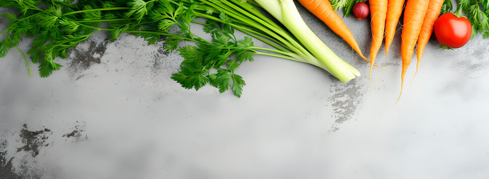 Banner wcopy space vegetables on white wooden background carrot, dill, parsley, broccoli, radish, cabbage, tomato vegetarian diet fitness healthi meal calad ingredients smoothie coocing