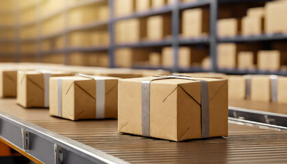 PACOTES: ESTEIRA COM CAIXAS DE PRODUTOS LACRADAS, PRONTA PARA O ENVIO, SAINDO DE UM DEP&Oacute;SITO, ARMAZEM OU ATACADISTA, EM UM CONCEITO DE E-COMERCE E VENDA ONLINE