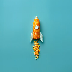 A single, uncooked corn cob, shaped like a rocket, ready to blast off on a journey through the vast, blue emptiness of space.
