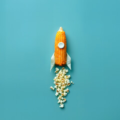 A single, uncooked corn cob, shaped like a rocket, ready to blast off on a journey through the vast, blue emptiness of space.