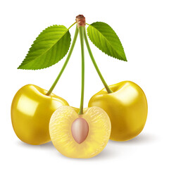 A stems with yellow cherries, accompanied by a green leafs, placed on a white. The stem holds three sweet cherry fruits, with one of them cut in half revealing its pit - 750237584