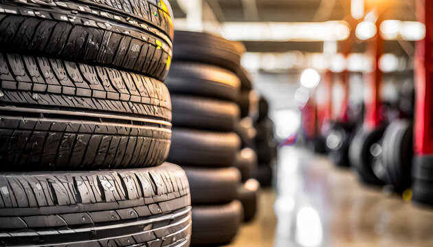 Fototapeta Pilha de pneus automotivos  expostos para divulgação e venda ao fundo uma oficina mecância ou um depósito de auto peças.