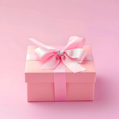 Obraz premium Pink Gift Box With Festive Bow on Soft Pink Background. Happy Mother's Day Concept