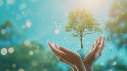 Conceptual image of a tree flourishing from soil held in human hands, symbolizing growth and environmental care. AIG41 - obrazy, fototapety, plakaty